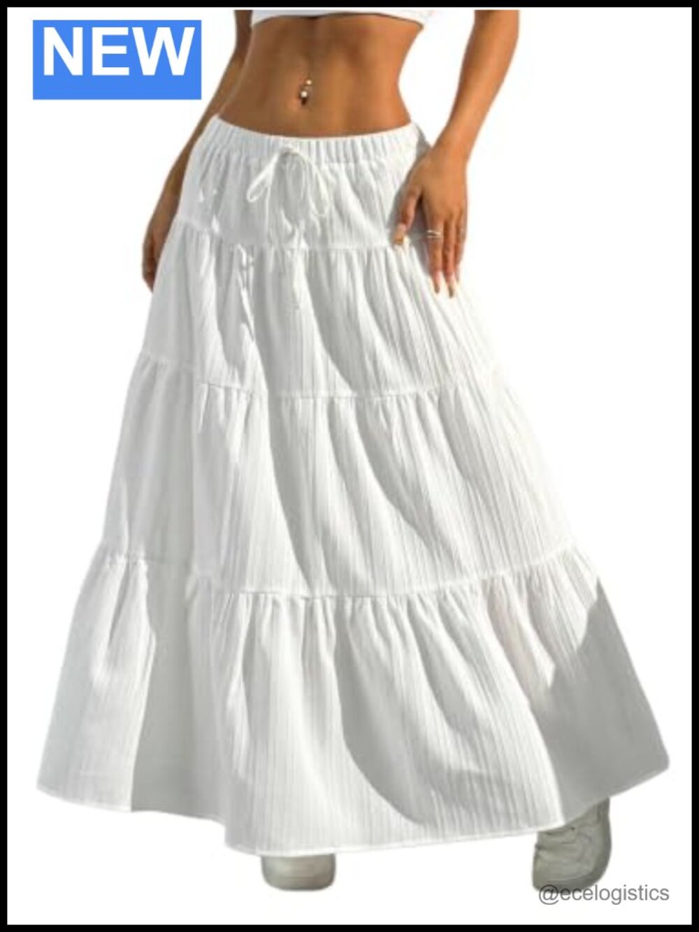 Boho Flowy White Maxi Skirt Ruffle High Waist Lightweight Twirl